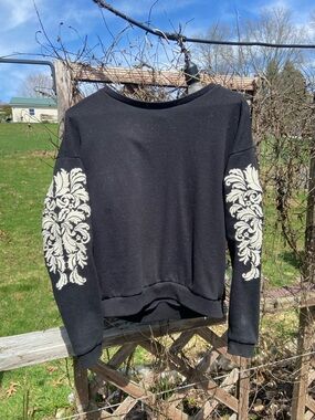 Black Women's Sweatshirt with white embroidered sleeves